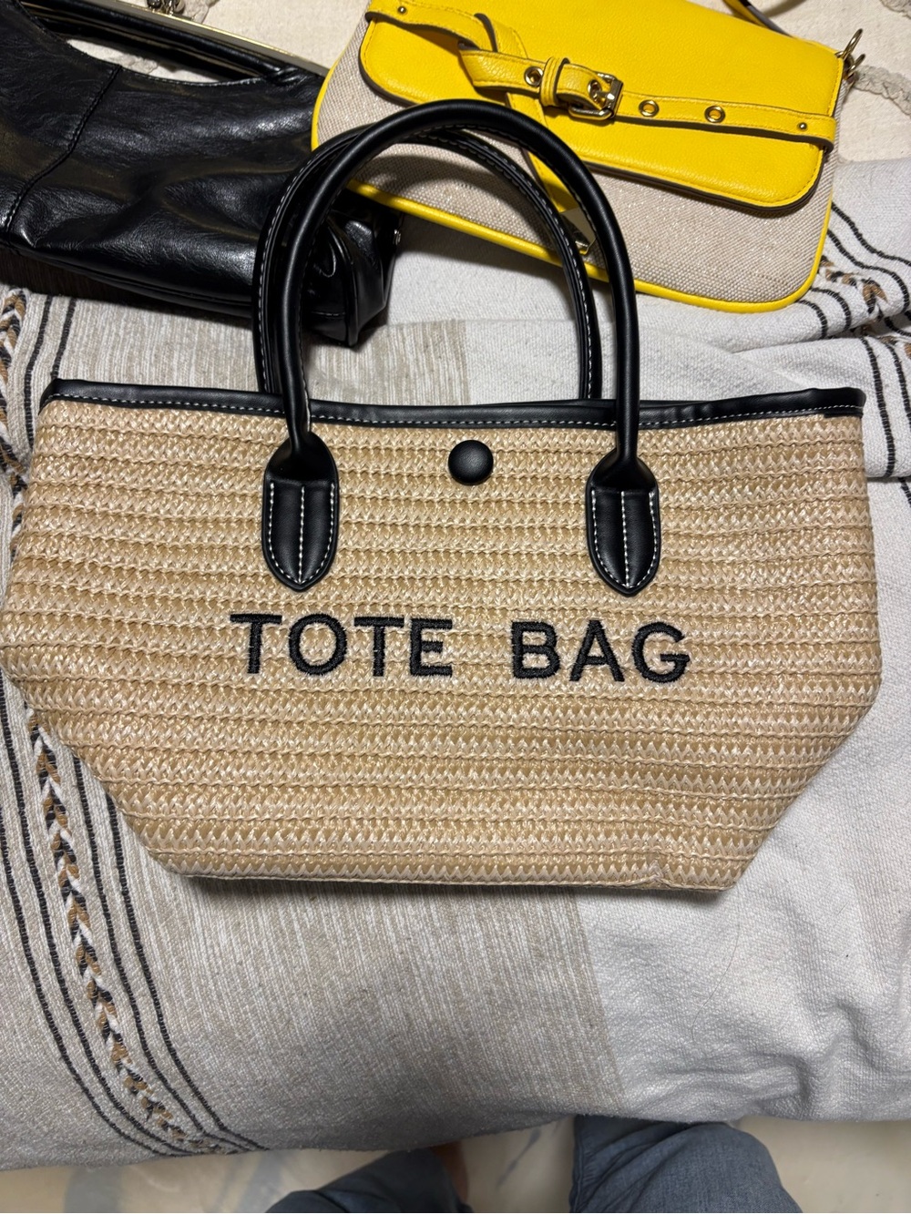 Black-Trim Natural Straw Tote Bag